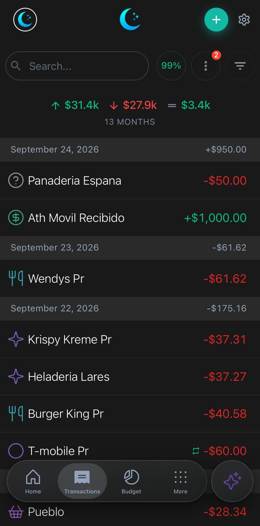Luna Money iPhone app: Transactions