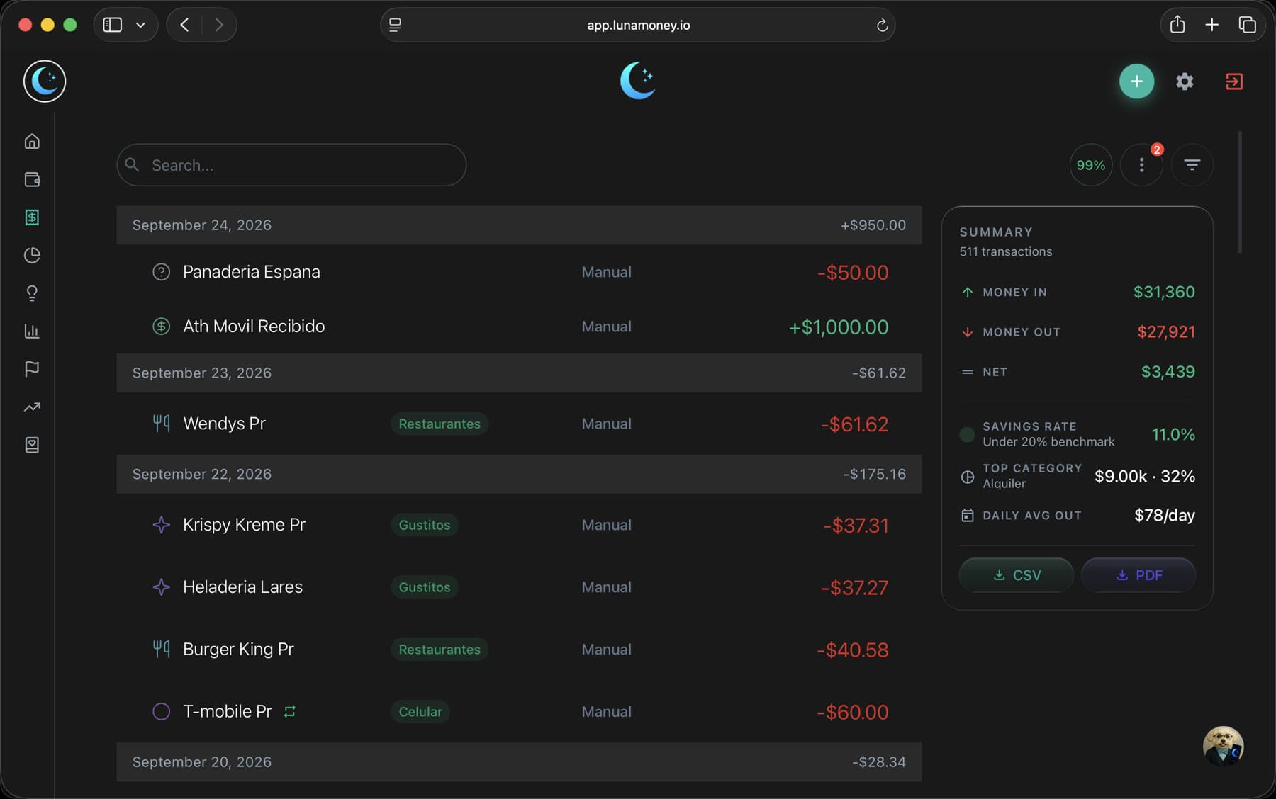 Luna Money web transactions with a monthly summary