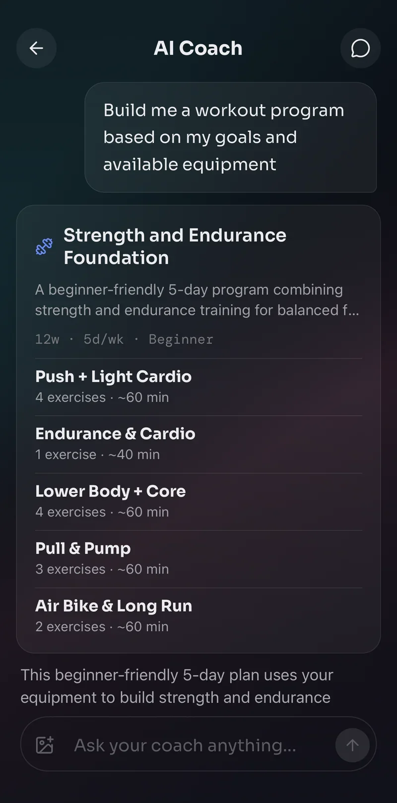 movomo AI Coach building a workout program