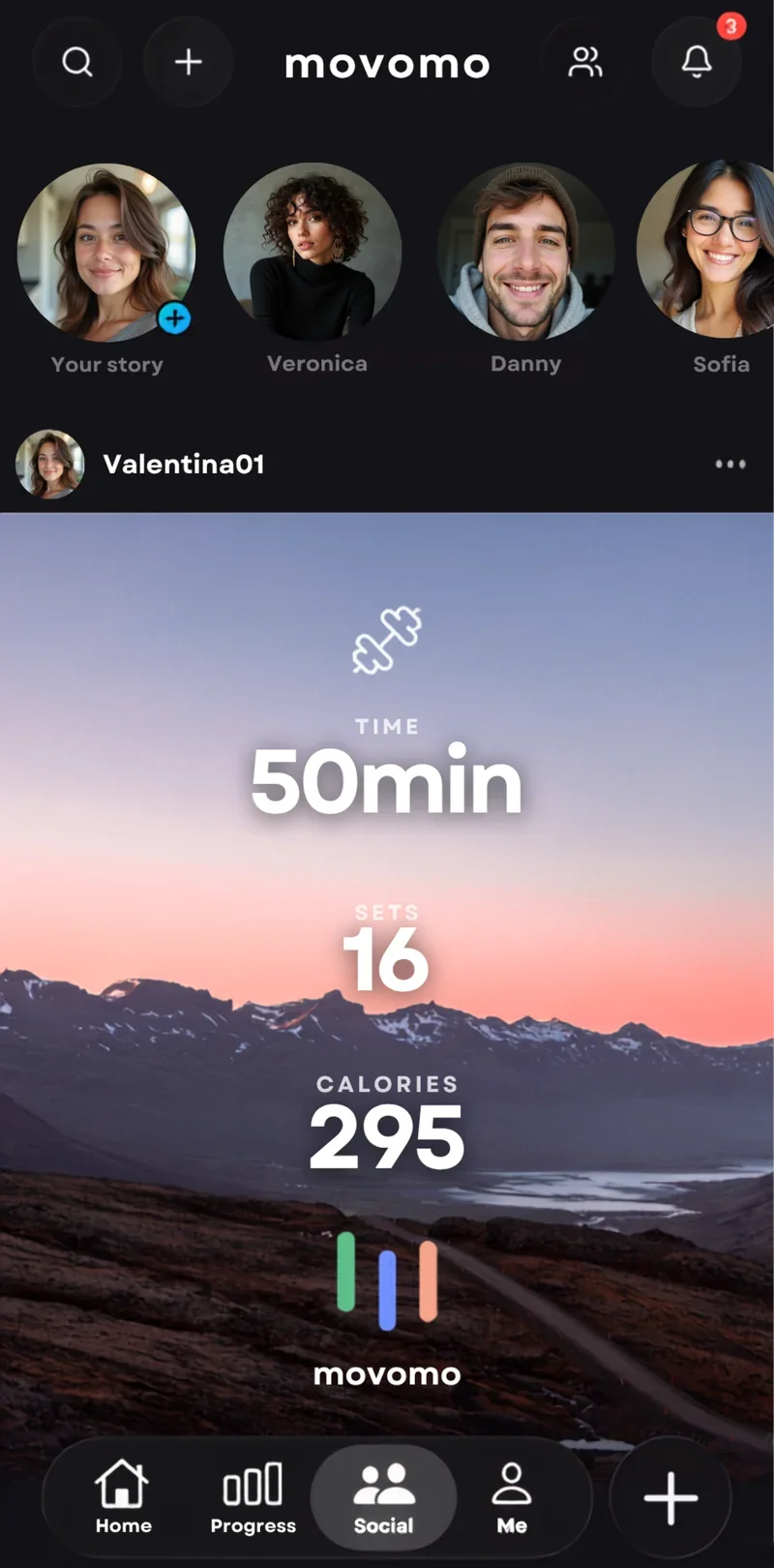 movomo social feed with stories and a shared workout